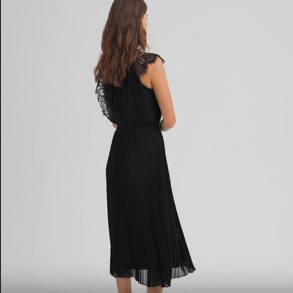 WHBM $200 Cap Sleeve Lace Detail Pleated Midi Dress Black 8 12 - Picture 9 of 11